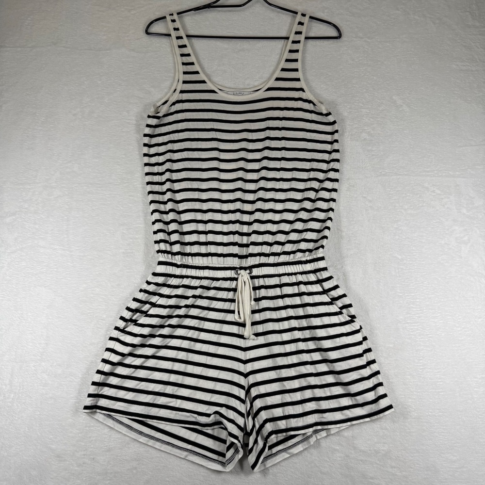 Z Supply Womens Striped Sleeveless Drawstring Waist Pocket Romper Black White S